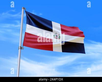 Beau drapeau de la République dominicaine agitant dans le vent avec fond de ciel - 3D illustration - 3D rendu Banque D'Images