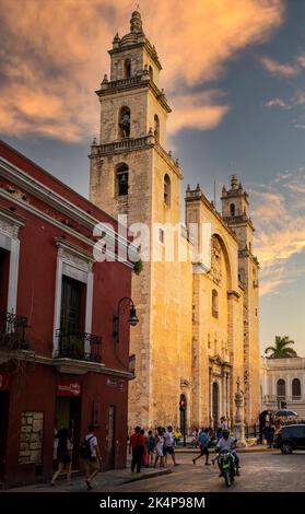 Scène urbaine avec la cathédrale de Mérida au coucher du soleil Banque D'Images