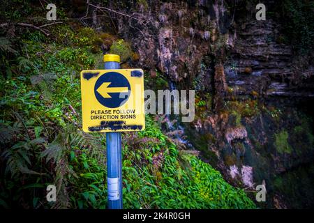 Panneau vandalisé demandant des randonneurs à distance sociale, Glencar Waterfall, Comté de Leitrim, Irlande Banque D'Images