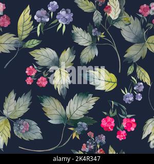 Baies fraîches motif sans couture baies décoratives dessinées à la main avec des feuilles mûres, framboises, branches pour l'impression, textile, papier peint. Tendance Banque D'Images