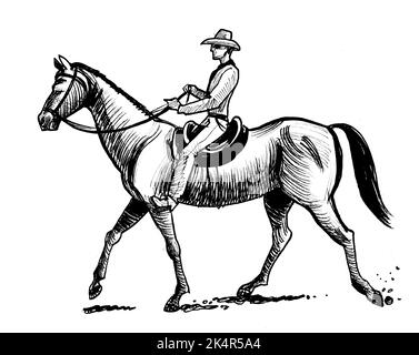 Montant un cheval de cow-boy. Dessin noir et blanc Encre Banque D'Images