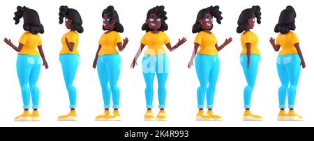 3D ensemble d'illustrations de femme afro-américaine isolée sur fond blanc. Personnage féminin en jaune et bleu vêtements décontractés debout devant, côté, vue arrière, une main relevée. Geste de salutation Banque D'Images