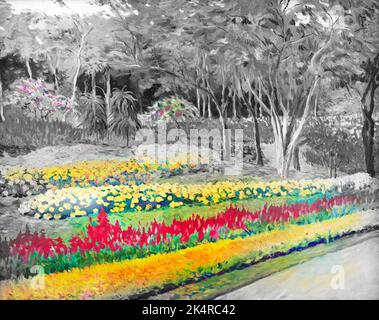 Peinture à l'huile paysage original sur toile couleur de la fleur de Salvia et fleurs colorées au bord de la route et soleil lumière dans le fond de jardin noir et blanc, Banque D'Images