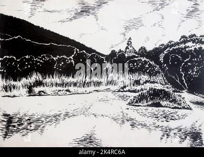 Résumé peinture encre par pinceau sur un fond blanc papier, dessin paysage le parc et réservoir par la couleur noir et blanc, la vie relaxante dans l'être Banque D'Images