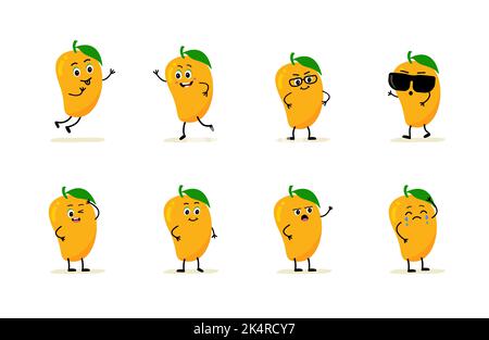 personnage de mangue au visage amusant. Ensemble joli et mignon emoji. Style comique mignon et amusant. Dessin animé plat. illustration vectorielle mango isolée sur b blanc Illustration de Vecteur