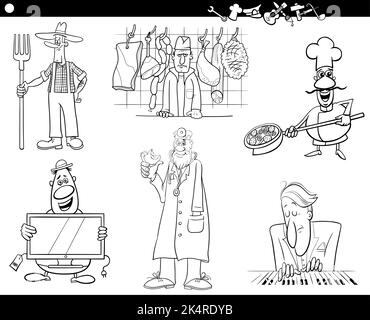 Dessin animé noir et blanc illustration de professionnels gens occupations bandes dessinées caractères ensemble de coloriage page Illustration de Vecteur