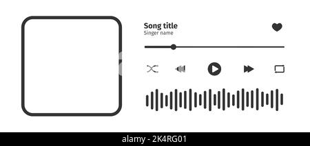 Interface de lecteur audio élément design avec cadre photo de morceau, boutons, barre de chargement et onde sonore. Disposition horizontale. Illustration graphique vectorielle isolée sur fond blanc Illustration de Vecteur