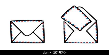 Des enveloppes vierges et des cartes postales voyagent dans le style du courrier aérien. Boîte postale ou affiche du bureau de poste. Boîte de réception, icône courrier. Enveloppe vectorielle. Dessin animé ancien courrier de lettre ouvert. Banque D'Images