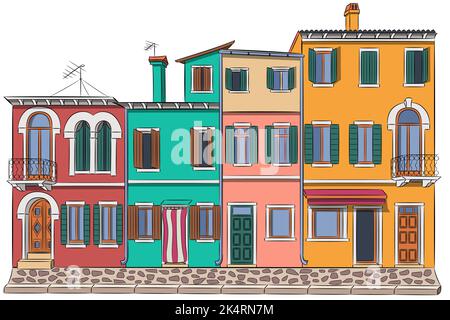 Façades colorées et lumineuses de petites maisons traditionnelles sur l'île de Burano. Venise. Italie. Illustration de Vecteur