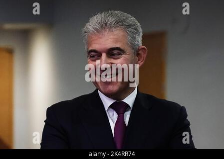 Le secrétaire à la Justice Brandon Lewis lors de la conférence annuelle du Parti conservateur au Centre international des congrès de Birmingham. Date de la photo: Mardi 4 octobre 2022. Banque D'Images