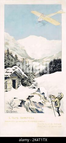 Affiche de voyage Vintager - Ernest Montaut (1879-1909) l'ALPE DOMPTÉE 1913 - les Alpes et un avion vintage dans le ciel Banque D'Images