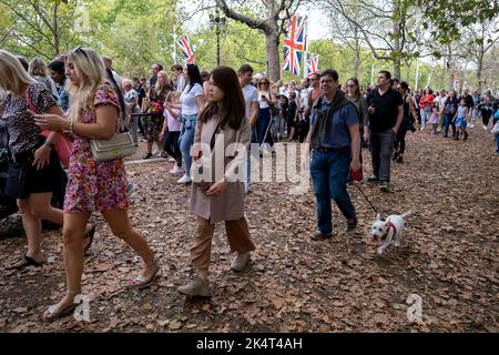 Des foules continuent de déverser le Mall en direction de Buckingham Palace à la suite de la mort de la reine Elizabeth II et de célébrer le nouveau monarque roi Charles III le 11th septembre 2022 à Londres, Royaume-Uni. Les membres du public et les adeptes de la culture se sont réunis à proximité du Palais de Buckingham dans leurs dizaines de milliers au cours des derniers jours pour découvrir l'atmosphère et l'histoire de la fabrication, pour payer leurs respects, amenant des fleurs à se poser dans divers endroits impromptus à proximité. Banque D'Images