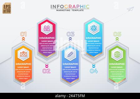 Infographie business design icônes hexagone modèle marketing coloré vecteur. 5 options ou étapes sur fond gris. Vous pouvez utiliser pour les processus marketing Illustration de Vecteur