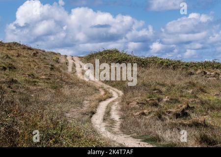 Sentier érodé sur le Warren, à Pentire point East, à Newquay, en Cornouailles, au Royaume-Uni. Banque D'Images