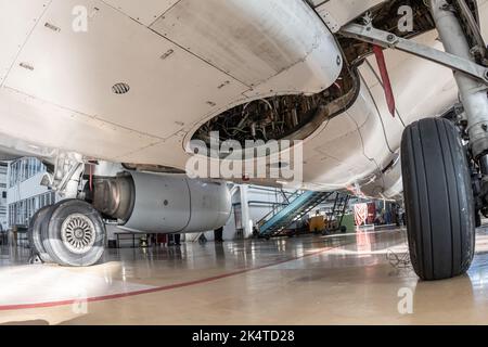 Gros plan sur le train d'atterrissage principal d'un avion de passagers blanc et sur le fond du fuselage. L'avion est entretenu dans le hangar Banque D'Images