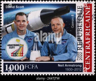Les astronautes Neil Amstrong et David Scott sur leur timbre-poste Banque D'Images