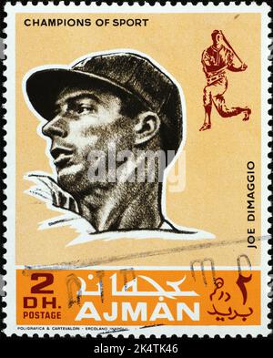 Joe Di Maggio, joueur de baseball, sur le timbre-poste d'Ajman Banque D'Images