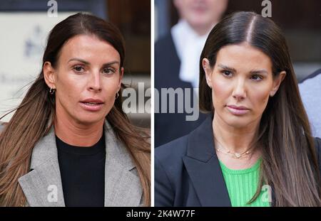 Photos sans date de Coleen Rooney (à gauche) Rebekah Vardy pendant leur bataille de libelle de la haute Cour. Rebekah Vardy devra payer environ £1,5 millions pour couvrir les frais de justice de Coleen Rooney après avoir perdu l'affaire de la haute cour de Wagatha Christie, qu'elle a intentée contre l'épouse de son collègue de football. Mme Vardy, 40 ans, a perdu sa très médiatée plainte en diffamation contre Mme Rooney, 36 ans, en juillet, lorsque le juge Steyn a jugé que le post viral de Mme Rooney sur les médias sociaux accusant Mme Vardy de ne pas avoir communiqué ses informations privées à la presse était « d'une vérité relative ». Date de publication : mardi 4 octobre 2022. Banque D'Images