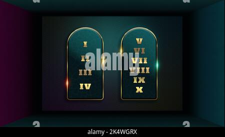 10 dix Commandements de DIEU écrits sur des tablettes de pierres données à Moïse dans le Mont Sinaï Illustration avec des effets d'or Banque D'Images