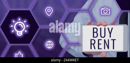 Inspiration montrant le signe Acheter question loyer. Business Idea Group qui fournit des informations sur la location de maisons Banque D'Images
