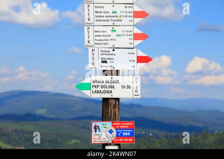 WISLA, POLOGNE - 12 JUIN 2022 : marqueurs de sentiers de randonnée dans la chaîne de montagnes de Beskid Slaski (Beskids de Silésie) au sommet de la montagne de Stozek près de Wisla, Polan Banque D'Images