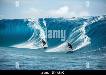 SURF des surfeurs hawaïens Albee Layer et Billy Kemper TOW-in surfez la même vague à Teahupoo pendant une énorme vague sur 11 septembre 2014 à Teahupoo à Tahiti, Polynésie française - photo: Julien Girardot/DPPI/LiveMedia Banque D'Images