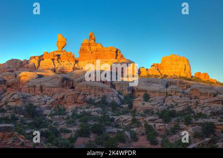 Le rocher du Père Noël dans les aiguilles, les flèches de grès de Cedar Mesa dans le district des aiguilles du parc national de Canyonlands, Utah. Banque D'Images