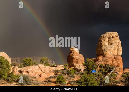 Un arc-en-ciel au-dessus d'un camping parmi les formations de grès de Cedar Mesa dans le quartier Needles, parc national de Canyonlands, Utah. Banque D'Images