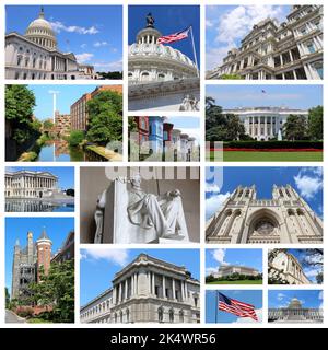 Collage de photos de Washington DC, États-Unis. Le collage comprend des sites importants comme le Capitole national, l'université de Georgetown et le Lincoln Memorial. Banque D'Images