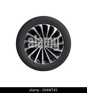 Nouvelle roue de voiture isolée sur fond blanc, photo de gros plan, vue avant Banque D'Images