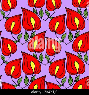 motif sans couture de grandes fleurs exotiques rouges avec un contour noir sur un fond lilas, texture, design Banque D'Images