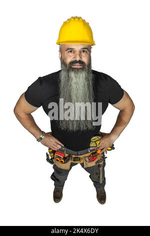 homme de main avec une longue barbe isolée sur fond blanc et les bras sur les hanches Banque D'Images