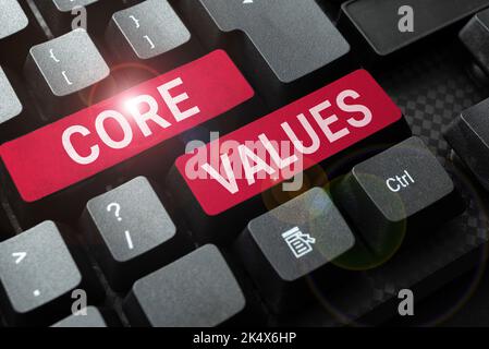 Légende de texte présentant les valeurs fondamentales. Principes d'idées commerciales qui guident et déterminent ce qui est faux et juste Banque D'Images
