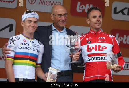 Remco Evenepoel, Jean Luc Van den Broucke et Philippe Gilbert de Belgique pendant la Binche - Chimay - Binche 2022, Memorial Frank Vandenbrouck sur 4 octobre 2022 à Binche, Belgique. Photo de Laurent Lairys / ABACAPRESS.COM Banque D'Images