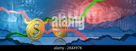 dollar américain en hausse arrêté par un frottement baissier. marché des changes 3d illustration du dollar américain au rouble. monnaie représentée comme des pièces d'or Banque D'Images