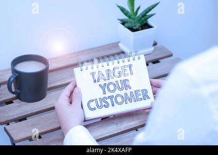 Rédaction affichage de texte cibler votre client. Mot pour attirer et développer le public, les consommateurs et les perspectives Banque D'Images