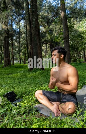 Jeune homme pratiquant le yoga asana, équilibre, méditant en se tenant sur une jambe sur tapis de sport sur l'herbe verte dans le parc. Utilisation de la tablette pour les cours en ligne. Banque D'Images