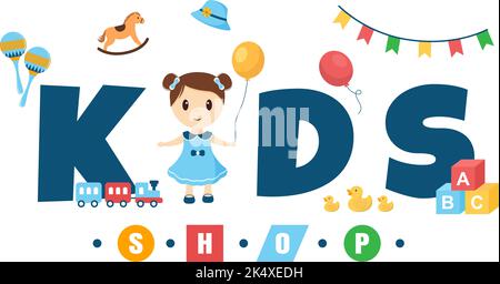 Modèle de bâtiment de magasin pour enfants dessin main dessin dessin dessin animé dessin animé dessin animé Illustration de style plat avec équipement pour enfants tel que les vêtements ou jouets pour le shopping concept Illustration de Vecteur