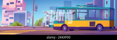 Bus à l'arrêt avec passagers et conducteur à l'intérieur. Ville paysage de rue avec bus, abri et banc sur la station de transport en commun, maisons et bâtiments, route de voiture, illustration de dessin animé vectoriel Illustration de Vecteur