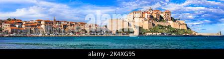 Corse voyage île. Panorama de la ville côtière de Calvi, vue sur la forteresse de la citadelle et le port. France Banque D'Images