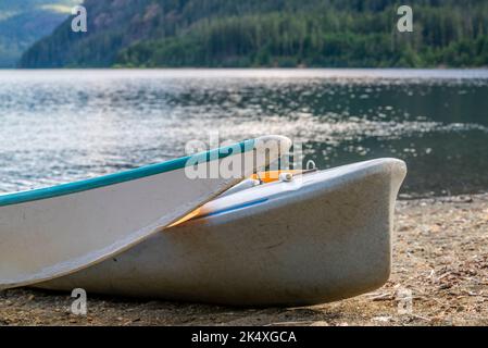 Kayaks sur les rives du lac Buttle, dans le parc provincial Strathcona, sur l'île de Vancouver Banque D'Images