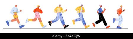 Les sportifs qui font du jogging ou du marathon. Concept d'activité sportive, mode de vie sain, exercices de plein air, fitness. Divers hommes et femmes de course à pied isolés sur fond blanc, Vector Flat Set Illustration de Vecteur