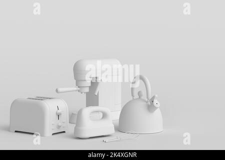 Machine à café expresso, mixeur plongeant, bouilloire et grille-pain pour préparer le petit déjeuner sur fond monochrome. 3d rendu de la cafetière pour la fabrication du lait de cof Banque D'Images