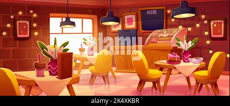 Intérieur confortable de café, café, cafétéria ou boulangerie avec bonbons sur les tables, chaises, bureau de caisse, menu de tableau noir et guirlandes lumineuses. Restaurant ou aire de restauration avec mobilier dessin vectoriel de dessin animé Illustration de Vecteur