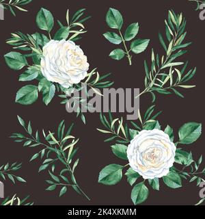 Motif sans couture avec roses blanches, branches d'olive et de pistache sur fond brun foncé. Illustration aquarelle. Style rustique. Peut être utilisé pour Banque D'Images