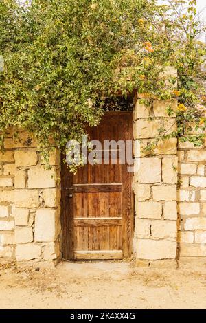 Faiyum, Égypte. Porte en bois sous un buisson vert dans un mur en pierre. Banque D'Images