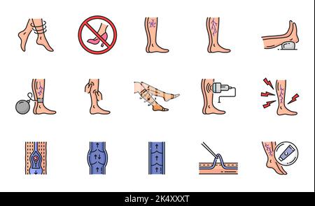 Icônes de traitement varices, maladie des veines des jambes et chirurgie de thrombose, symboles de lignes vectorielles. Varices ou varices vasculaires insuffisance de circulation, traitement médical, thérapie de compression et prophylactique Illustration de Vecteur
