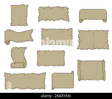 Ruban et rouleaux de manuscrit de jeu de pixel, actif de jeu de vecteur avec motif cubique. Vieux parchemin ou papier 8 bits et rouleaux de papyrus, carte de Trésor médiéval vierge avec bords usés pour la zone de texte du jeu Illustration de Vecteur