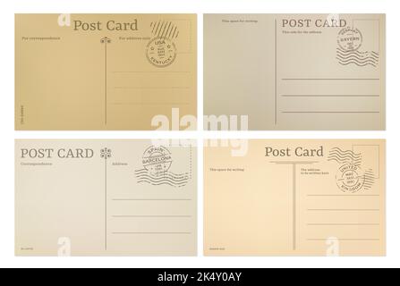 Carte postale vintage, modèles de cartes postales de fond arrière-plan, timbres postaux vectoriels. Ancienne carte postale rétro ou lettre papier, courrier postal vierge ou cartes postales de voyage de Barcelone, Bayern et Kentucky Illustration de Vecteur