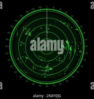 Écran radar ou sondeur du navire, cercle d'acquisition cible et visée militaire, technologie HUD numérique vectorielle. Sondeur du navire ou scanner radar de signal avec moniteur de carte de localisation, affichage radar de détection sous-marine Illustration de Vecteur